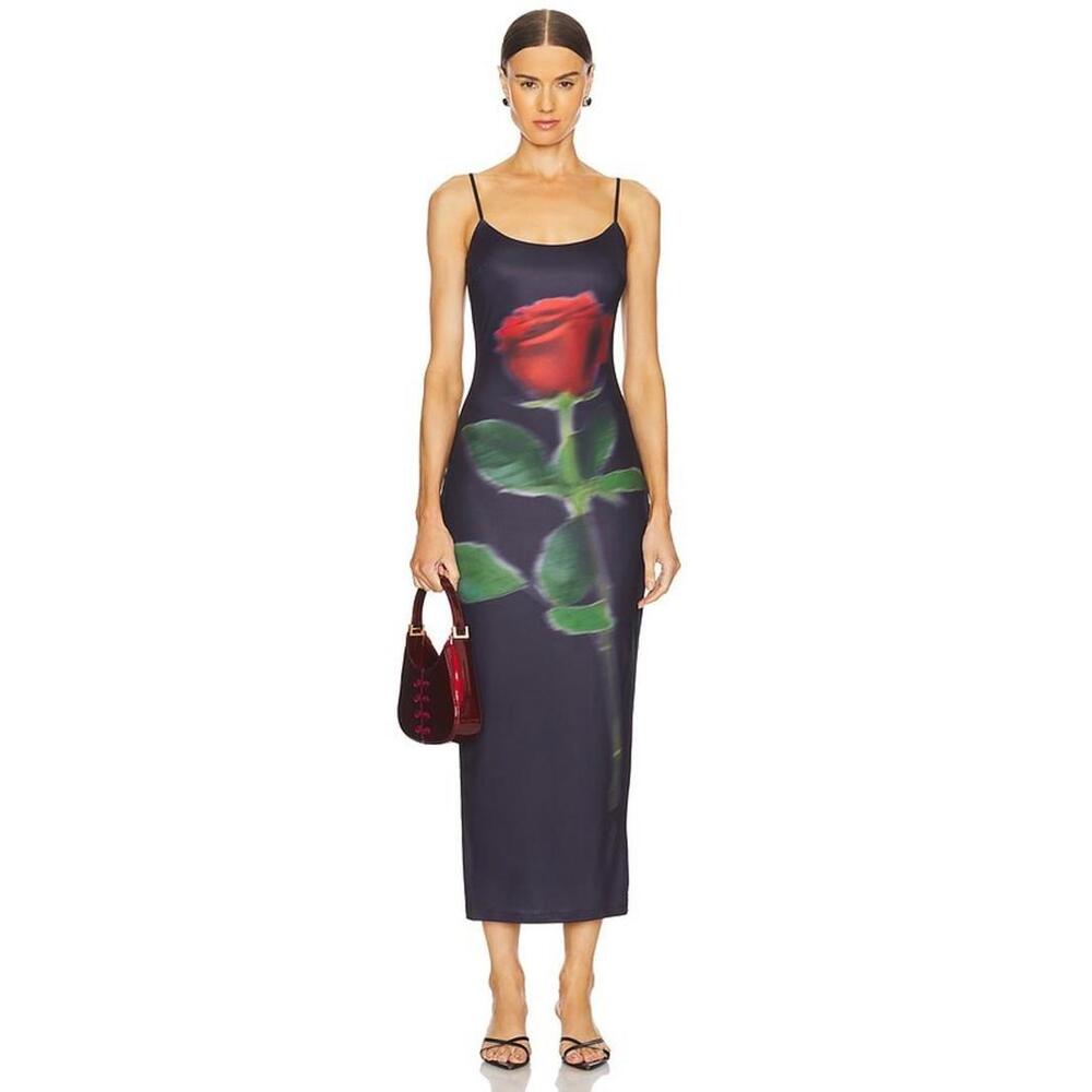Runaway the Label Deia Midi Dress  black rose floral  print size XS NWT